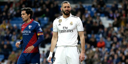 MADRID, SPAIN - MARCH 31: Karim Benzema of Real Madrid reacts to a missed chance during the La Liga match between Real Madrid CF and SD Huesca at Estadio Santiago Bernabeu on March 31, 2019 in Madrid, Spain. (Photo by Gonzalo Arroyo Moreno/Getty Images)