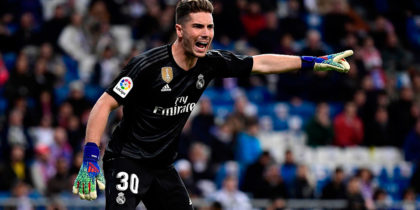 Real Madrid's French goalkeeper Luca Zidane gestures during the Spanish League football match between Real Madrid CF and SD Huesca at the Santiago Bernabeu stadium in Madrid on March 31, 2019. (Photo by JAVIER SORIANO / AFP) (Photo credit should read JAVIER SORIANO/AFP/Getty Images)