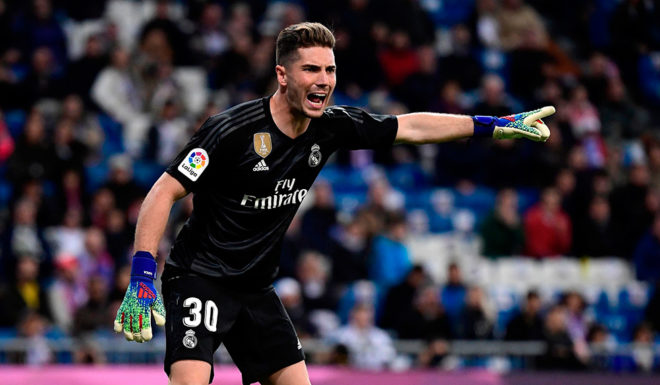 Luca Zidane Real Madrid's French goalkeeper Luca Zidane gestures during the Spanish League football match between Real Madrid CF and SD Huesca at the Santiago Bernabeu stadium in Madrid on March 31, 2019. (Photo by JAVIER SORIANO / AFP) (Photo credit should read JAVIER SORIANO/AFP/Getty Images)