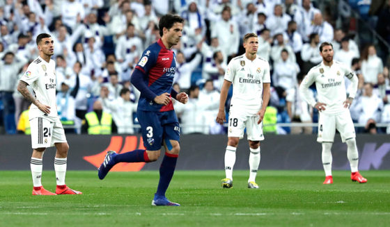 MADRID, SPAIN - MARCH 31: Marcos Llorente of Real Madrid reacts after Huesca score their first goal during the La Liga match between Real Madrid CF and SD Huesca at Estadio Santiago Bernabeu on March 31, 2019 in Madrid, Spain. (Photo by Gonzalo Arroyo Moreno/Getty Images)