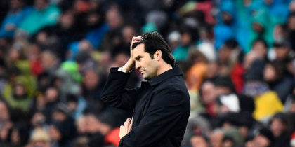 Real Madrid's Argentinian coach Santiago Solari reacts during the Spanish League football match between Real Madrid and Sevilla at the Santiago Bernabeu stadium in Madrid on January 19, 2019. (Photo by PIERRE-PHILIPPE MARCOU / AFP) (Photo credit should read PIERRE-PHILIPPE MARCOU/AFP/Getty Images)