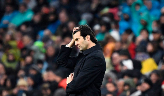 Real Madrid's Argentinian coach Santiago Solari reacts during the Spanish League football match between Real Madrid and Sevilla at the Santiago Bernabeu stadium in Madrid on January 19, 2019. (Photo by PIERRE-PHILIPPE MARCOU / AFP) (Photo credit should read PIERRE-PHILIPPE MARCOU/AFP/Getty Images)