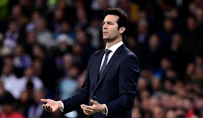 Real Madrid's Argentinian coach Santiago Solari reacts during the UEFA Champions League round of 16 second leg football match between Real Madrid CF and Ajax at the Santiago Bernabeu stadium in Madrid on March 5, 2019. (Photo by JAVIER SORIANO / AFP) (Photo credit should read JAVIER SORIANO/AFP/Getty Images)