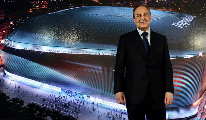 Real Madrid chairman, Florentino Perez poses during the presentation of the tender winners and the project details to build a new Santiago Bernabeu football stadium on january 31, 2014 in Madrid. German firm GMP Architekten with Spanish companies L -35 and Ribas & Ribas won the 400million euro tender ahead of Swiss Rafael Moneo and Herzog & de Meuron, Norman Foster & Rafael de la Hoz , and Carlos Lamela & Populous. AFP PHOTO / JAVIER SORIANO (Photo credit should read JAVIER SORIANO/AFP/Getty Images)