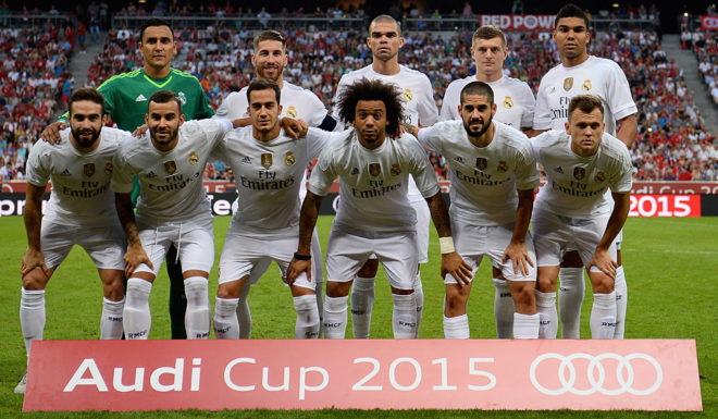 MUNICH, GERMANY - AUGUST 05: Real Madrid players pose prior to kickoff during the Audi Cup 2015 Final between FC Bayern Muenchen and Real Madrid at Allianz Arena on August 5, 2015 in Munich, Germany. (Photo by Dennis Grombkowski/Bongarts/Getty Images)