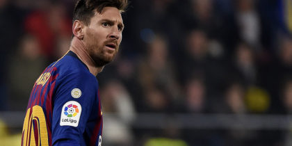 Barcelona's Argentinian forward Lionel Messi reacts during the Spanish league football match Villarreal CF against Barcelona at La Ceramica stadium in Vila-real on April 2, 2019. (Photo by JOSE JORDAN / AFP) (Photo credit should read JOSE JORDAN/AFP/Getty Images)