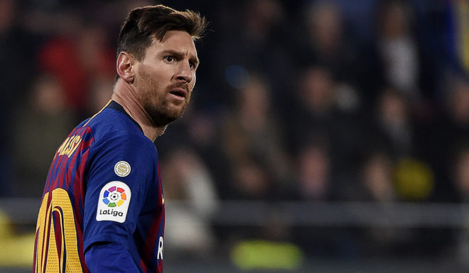 Barcelona's Argentinian forward Lionel Messi reacts during the Spanish league football match Villarreal CF against Barcelona at La Ceramica stadium in Vila-real on April 2, 2019. (Photo by JOSE JORDAN / AFP) (Photo credit should read JOSE JORDAN/AFP/Getty Images)