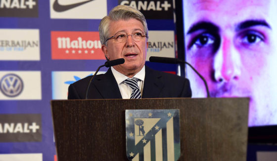 Atletico de Madrid president Enrique Cerezo speaks during the presentation of Slovenian international goalkeeper formerly at Portuguese team Benfica, Jan Oblak, at the Vicente Calderon stadium in Madrid on July 22, 2014 following his signing with the La Liga champions, Atletico de Madrid. Portuguese champions Benfica said in a statement that the Spanish side paid them the amount specified in the release clause of Oblak's contract: 16 million euros ($22 million). AFP PHOTO / JAVIER SORIANO (Photo credit should read JAVIER SORIANO/AFP/Getty Images)