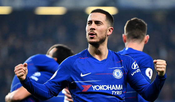 LONDON, ENGLAND - FEBRUARY 27: Eden Hazard of Chelsea celebrates as Pedro of Chelsea scores their first goal during the Premier League match between Chelsea FC and Tottenham Hotspur at Stamford Bridge on February 27, 2019 in London, United Kingdom. (Photo by Clive Mason/Getty Images)