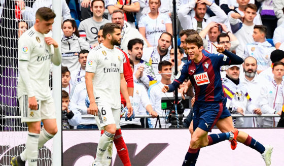 Eibar's Spanish forward Marc Cardona (R) celebrates after scoring a goal during the Spanish league football match between Real Madrid CF and SD Eibar at the Santiago Bernabeu stadium in Madrid on April 6, 2019. (Photo by GABRIEL BOUYS / AFP) (Photo credit should read GABRIEL BOUYS/AFP/Getty Images)