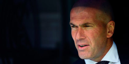 Real Madrid's French coach Zinedine Zidane looks on before the Spanish league football match between Real Madrid CF and SD Eibar at the Santiago Bernabeu stadium in Madrid on April 6, 2019. (Photo by GABRIEL BOUYS / AFP) (Photo credit should read GABRIEL BOUYS/AFP/Getty Images)