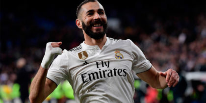 Real Madrid's French forward Karim Benzema celebrates after scoring his team's third goal during the Spanish League football match between Real Madrid CF and SD Huesca at the Santiago Bernabeu stadium in Madrid on March 31, 2019. (Photo by JAVIER SORIANO / AFP) (Photo credit should read JAVIER SORIANO/AFP/Getty Images)