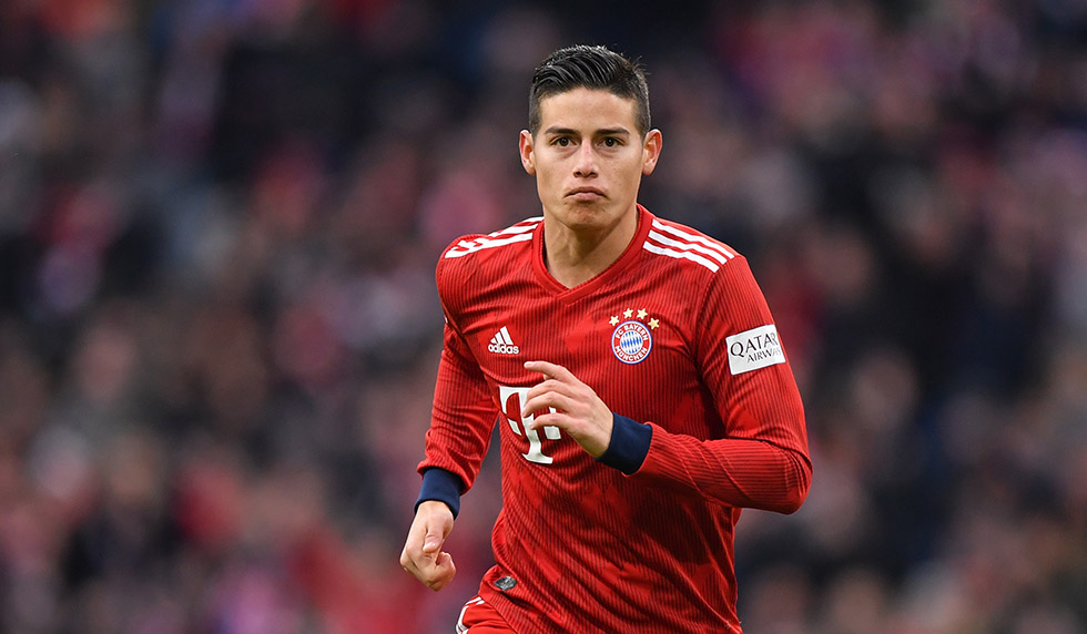MUNICH, GERMANY - MARCH 09: James Rodriguez of Bayern Munich looks on during the Bundesliga match between FC Bayern Muenchen and VfL Wolfsburg at Allianz Arena on March 09, 2019 in Munich, Germany. (Photo by Sebastian Widmann/Bongarts/Getty Images)