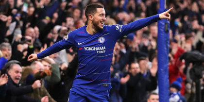 LONDON, ENGLAND - FEBRUARY 02: Eden Hazard of Chelsea celebrates after scoring his team's third goal during the Premier League match between Chelsea FC and Huddersfield Town at Stamford Bridge on February 2, 2019 in London, United Kingdom. (Photo by Richard Heathcote/Getty Images)