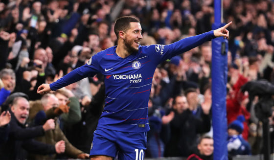 LONDON, ENGLAND - FEBRUARY 02: Eden Hazard of Chelsea celebrates after scoring his team's third goal during the Premier League match between Chelsea FC and Huddersfield Town at Stamford Bridge on February 2, 2019 in London, United Kingdom. (Photo by Richard Heathcote/Getty Images)