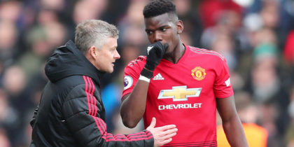 LONDON, ENGLAND - FEBRUARY 09: Ole Gunnar Solskjaer, Interim Manager of Manchester United talks with Paul Pogba of Manchester United during the Premier League match between Fulham FC and Manchester United at Craven Cottage on February 9, 2019 in London, United Kingdom. (Photo by Clive Rose/Getty Images)