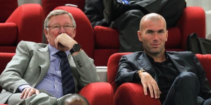 Manchester United manager Sir Alex Ferguson (L) and France's former footballer Zinedine Zidane attend a friendly football match between Brazil and Argentina at Khalifa Stadium in Doha on November 17, 2010