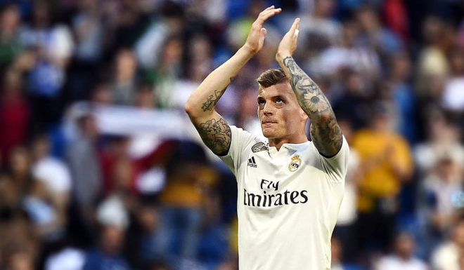 Real Madrid's German midfielder Toni Kroos applauds at the end of the Spanish league football match between Real Madrid CF and RC Celta de Vigo at the Santiago Bernabeu stadium in Madrid on March 16, 2019. (Photo by GABRIEL BOUYS / AFP) (Photo credit should read GABRIEL BOUYS/AFP/Getty Images)