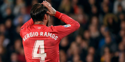 Real Madrid's Spanish defender Sergio Ramos gestures during the Spanish league football match between Valencia CF and Real Madrid CF at the Mestalla stadium in Valencia on April 3, 2019. (Photo by JOSE JORDAN / AFP) (Photo credit should read JOSE JORDAN/AFP/Getty Images)