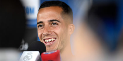 Real Madrid's Spanish midfielder Lucas Vazquez addresses journalists during Real Madrid's Media Open Day ahead of their UEFA Champions league final footbal match against Liverpool FC, in Madrid on May 22, 2018. (Photo by GABRIEL BOUYS / AFP) (Photo credit should read GABRIEL BOUYS/AFP/Getty Images)