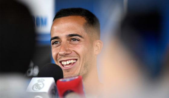 Real Madrid's Spanish midfielder Lucas Vazquez addresses journalists during Real Madrid's Media Open Day ahead of their UEFA Champions league final footbal match against Liverpool FC, in Madrid on May 22, 2018. (Photo by GABRIEL BOUYS / AFP) (Photo credit should read GABRIEL BOUYS/AFP/Getty Images)