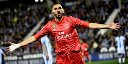 Real Madrid's French forward Karim Benzema celebrates after scoring during the Spanish league football match between Club Deportivo Leganes SAD and Real Madrid CF at the Estadio Municipal Butarque in Leganes on April 15, 2019. (Photo by PIERRE-PHILIPPE MARCOU / AFP) (Photo credit should read PIERRE-PHILIPPE MARCOU/AFP/Getty Images)
