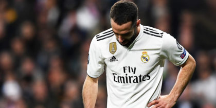 Real Madrid's Spanish defender Dani Carvajal reacts during the UEFA Champions League round of 16 second leg football match between Real Madrid CF and Ajax at the Santiago Bernabeu stadium in Madrid on March 5, 2019. (Photo by GABRIEL BOUYS / AFP) (Photo credit should read GABRIEL BOUYS/AFP/Getty Images)