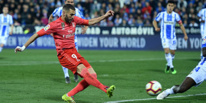 LEGANES, SPAIN - APRIL 15: Karim Benzema of Real Madrid scores their first goal during the La Liga match between CD Leganes and Real Madrid CF at Estadio Municipal de Butarque on April 15, 2019 in Leganes, Spain. (Photo by Denis Doyle/Getty Images)