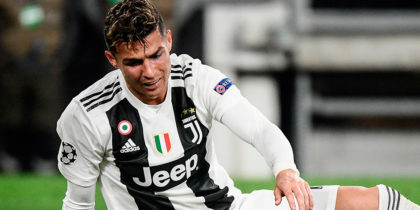 Juventus' Portuguese forward Cristiano Ronaldo gets back up after falling during the UEFA Champions League quarter-final second leg football match Juventus vs Ajax Amsterdam on April 16, 2019 at the Juventus stadium in Turin. (Photo by Filippo MONTEFORTE / AFP) (Photo credit should read FILIPPO MONTEFORTE/AFP/Getty Images)