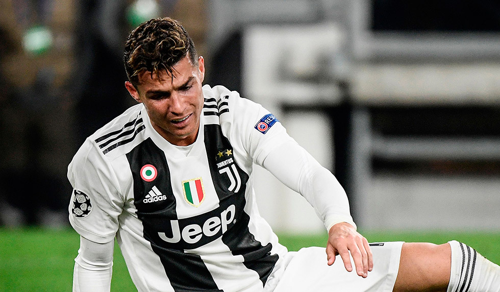 Juventus' Portuguese forward Cristiano Ronaldo gets back up after falling during the UEFA Champions League quarter-final second leg football match Juventus vs Ajax Amsterdam on April 16, 2019 at the Juventus stadium in Turin. (Photo by Filippo MONTEFORTE / AFP) (Photo credit should read FILIPPO MONTEFORTE/AFP/Getty Images)
