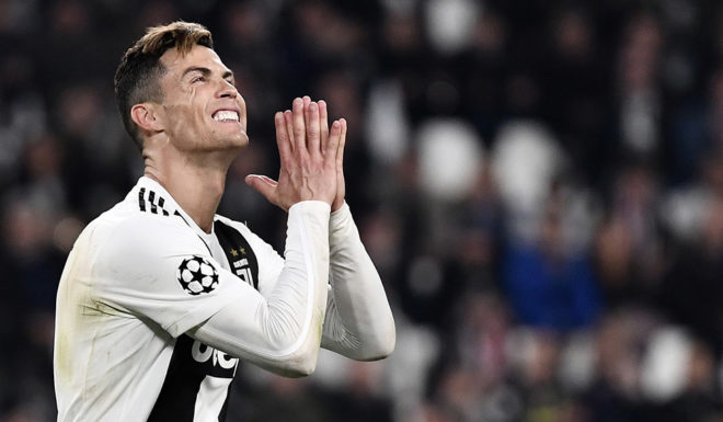 Juventus' Portuguese forward Cristiano Ronaldo reacts during the UEFA Champions League quarter-final second leg football match Juventus vs Ajax Amsterdam on April 16, 2019 at the Juventus stadium in Turin. (Photo by Marco Bertorello / AFP) (Photo credit should read MARCO BERTORELLO/AFP/Getty Images)