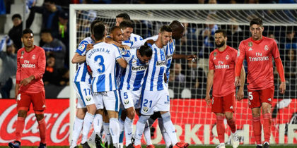 Leganes' Argentinian defender Jonathan Silva (C) celebrates with teammates after scoring during the Spanish league football match between Club Deportivo Leganes SAD and Real Madrid CF at the Estadio Municipal Butarque in Leganes on April 15, 2019. (Photo by PIERRE-PHILIPPE MARCOU / AFP) (Photo credit should read PIERRE-PHILIPPE MARCOU/AFP/Getty Images)