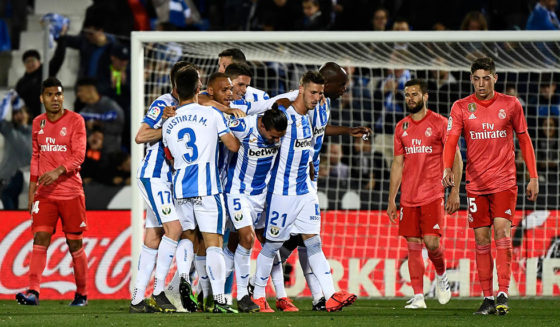 Leganes' Argentinian defender Jonathan Silva (C) celebrates with teammates after scoring during the Spanish league football match between Club Deportivo Leganes SAD and Real Madrid CF at the Estadio Municipal Butarque in Leganes on April 15, 2019. (Photo by PIERRE-PHILIPPE MARCOU / AFP) (Photo credit should read PIERRE-PHILIPPE MARCOU/AFP/Getty Images)