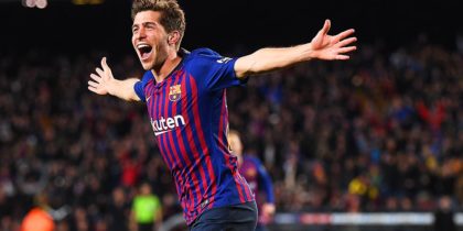 BARCELONA, SPAIN - JANUARY 30: Sergi Roberto of Barcelona celebrates scoring his sides fourth goal during the Copa del Rey Quarter Final second leg match between FC Barcelona and Sevilla FC at Nou Camp on January 30, 2019 in Barcelona, Spain. (Photo by David Ramos/Getty Images)
