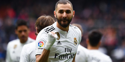 Real Madrid's French forward Karim Benzema celebrates after scoring a goal during the Spanish League football match between Real Madrid and Athletic Bilbao at the Santiago Bernabeu Stadium in Madrid on April 21, 2019. (Photo by GABRIEL BOUYS / AFP) (Photo credit should read GABRIEL BOUYS/AFP/Getty Images)