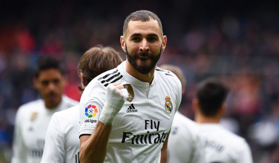 Real Madrid's French forward Karim Benzema celebrates after scoring a goal during the Spanish League football match between Real Madrid and Athletic Bilbao at the Santiago Bernabeu Stadium in Madrid on April 21, 2019. (Photo by GABRIEL BOUYS / AFP) (Photo credit should read GABRIEL BOUYS/AFP/Getty Images)