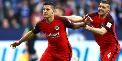 GELSENKIRCHEN, GERMANY - APRIL 06: Luka Jovic of Eintracht Frankfurt celebrates after scoring his team's second goal with Ante Rebic of Eintracht Frankfurt during the Bundesliga match between FC Schalke 04 and Eintracht Frankfurt at Veltins-Arena on April 06, 2019 in Gelsenkirchen, Germany. (Photo by Dean Mouhtaropoulos/Bongarts/Getty Images)
