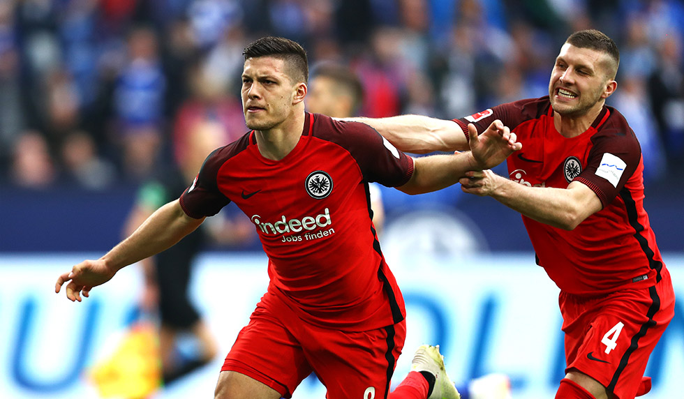 GELSENKIRCHEN, GERMANY - APRIL 06: Luka Jovic of Eintracht Frankfurt celebrates after scoring his team's second goal with Ante Rebic of Eintracht Frankfurt during the Bundesliga match between FC Schalke 04 and Eintracht Frankfurt at Veltins-Arena on April 06, 2019 in Gelsenkirchen, Germany. (Photo by Dean Mouhtaropoulos/Bongarts/Getty Images)