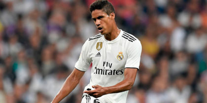 Real Madrid's French defender Raphael Varane kicks the ball during the Spanish league football match between Real Madrid CF and Club Deportivo Leganes SAD at the Santiago Bernabeu stadium in Madrid on September 1, 2018. (Photo by GABRIEL BOUYS / AFP) (Photo credit should read GABRIEL BOUYS/AFP/Getty Images)