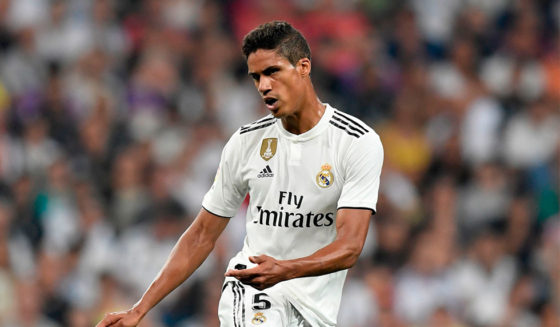 Real Madrid's French defender Raphael Varane kicks the ball during the Spanish league football match between Real Madrid CF and Club Deportivo Leganes SAD at the Santiago Bernabeu stadium in Madrid on September 1, 2018. (Photo by GABRIEL BOUYS / AFP) (Photo credit should read GABRIEL BOUYS/AFP/Getty Images)