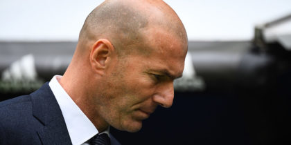 Real Madrid's French coach Zinedine Zidane waits for the start of the Spanish League football match between Real Madrid and Athletic Bilbao at the Santiago Bernabeu Stadium in Madrid on April 21, 2019. (Photo by GABRIEL BOUYS / AFP) (Photo credit should read GABRIEL BOUYS/AFP/Getty Images)