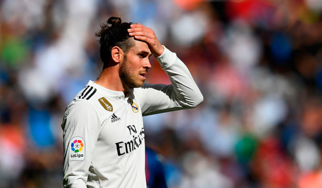 Real Madrid's Welsh forward Gareth Bale reacts during the Spanish league football match Real Madrid CF against Levante UD at the Santiago Bernabeu stadium in Madrid on October 20, 2018. (Photo by GABRIEL BOUYS / AFP) (Photo credit should read GABRIEL BOUYS/AFP/Getty Images)