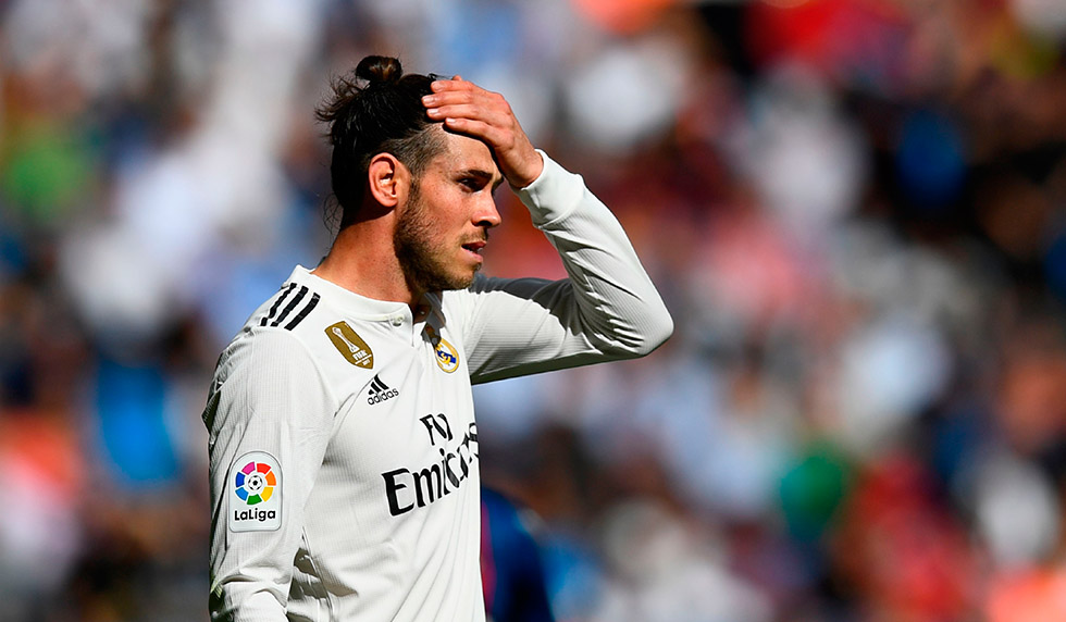 Real Madrid's Welsh forward Gareth Bale reacts during the Spanish league football match Real Madrid CF against Levante UD at the Santiago Bernabeu stadium in Madrid on October 20, 2018. (Photo by GABRIEL BOUYS / AFP) (Photo credit should read GABRIEL BOUYS/AFP/Getty Images)