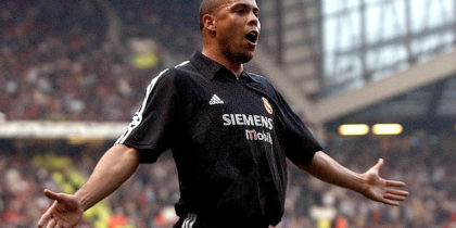 Real Madrid's Ronaldo celebrates after scoring against Manchester United during their UEFA Champions League quarter final 2nd leg at Old Trafford in Manchester 23 April 2003. AFP Photo Paul Barker (Photo credit should read PAUL BARKER/AFP/Getty Images)