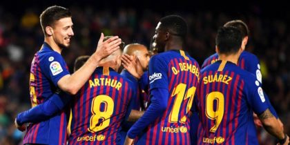 BARCELONA, SPAIN - APRIL 20: Clement Lenglet of Barcelona celebrates with team mates after he scores his sides first goal during the La Liga match between FC Barcelona and Real Sociedad at Camp Nou on April 20, 2019 in Barcelona, Spain. (Photo by David Ramos/Getty Images)