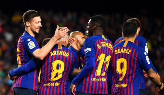 BARCELONA, SPAIN - APRIL 20: Clement Lenglet of Barcelona celebrates with team mates after he scores his sides first goal during the La Liga match between FC Barcelona and Real Sociedad at Camp Nou on April 20, 2019 in Barcelona, Spain. (Photo by David Ramos/Getty Images)