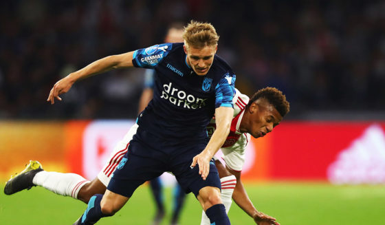 AMSTERDAM, NETHERLANDS - APRIL 23: Martin Odegaard of Vitesse battles for the ball with David Neres of Ajax during the Eredivisie match between Ajax and Vitesse at Johan Cruyff Arena on April 23, 2019 in Amsterdam, Netherlands. (Photo by Dean Mouhtaropoulos/Getty Images)