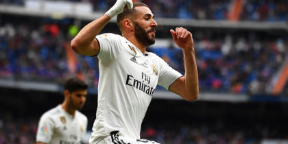 Real Madrid's French forward Karim Benzema celebrates his second goal during the Spanish League football match between Real Madrid and Athletic Bilbao at the Santiago Bernabeu Stadium in Madrid on April 21, 2019. (Photo by GABRIEL BOUYS / AFP) (Photo credit should read GABRIEL BOUYS/AFP/Getty Images)