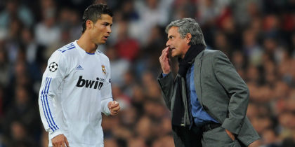 MADRID, SPAIN - OCTOBER 19: Head Coach Jose Mourinho (R) of Real Madrid instructs Cristiano Ronaldo during the UEFA Champions League group G match between Real Madrid and AC Milan at the Estadio Santiago Bernabeu on October 19, 2010 in Madrid, Spain. (Photo by Jasper Juinen/Getty Images)