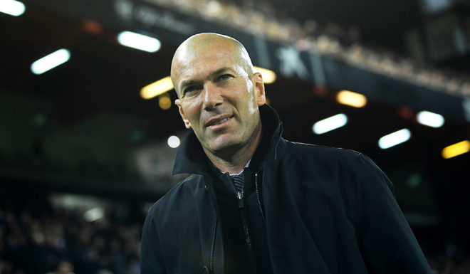 VALENCIA, SPAIN - APRIL 03: Zinedine Zidane, Head Coach of Real Madrid makes his way to his seat prior to the La Liga match between Valencia CF and Real Madrid CF at Estadio Mestalla on April 03, 2019 in Valencia, Spain. (Photo by David Ramos/Getty Images)